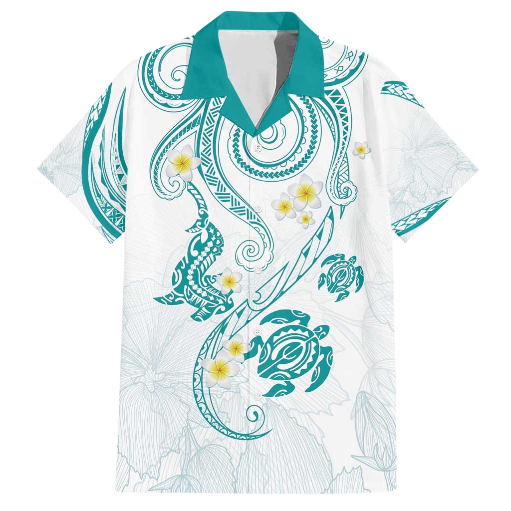 Polynesia Tribal Family Matching Short Sleeve Bodycon Dress and Hawaiian Shirt Teal Plumeria Tentacles