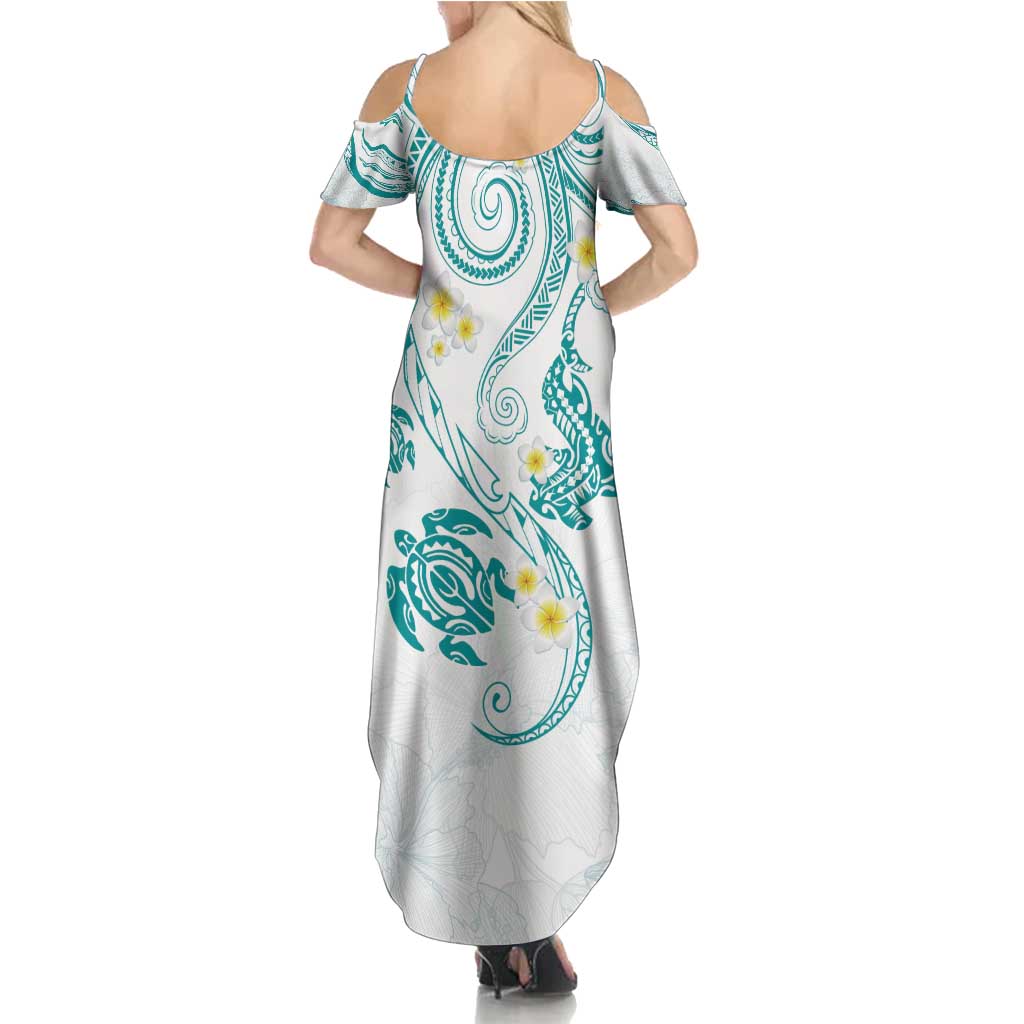 Polynesia Tribal Family Matching Summer Maxi Dress and Hawaiian Shirt Teal Plumeria Tentacles