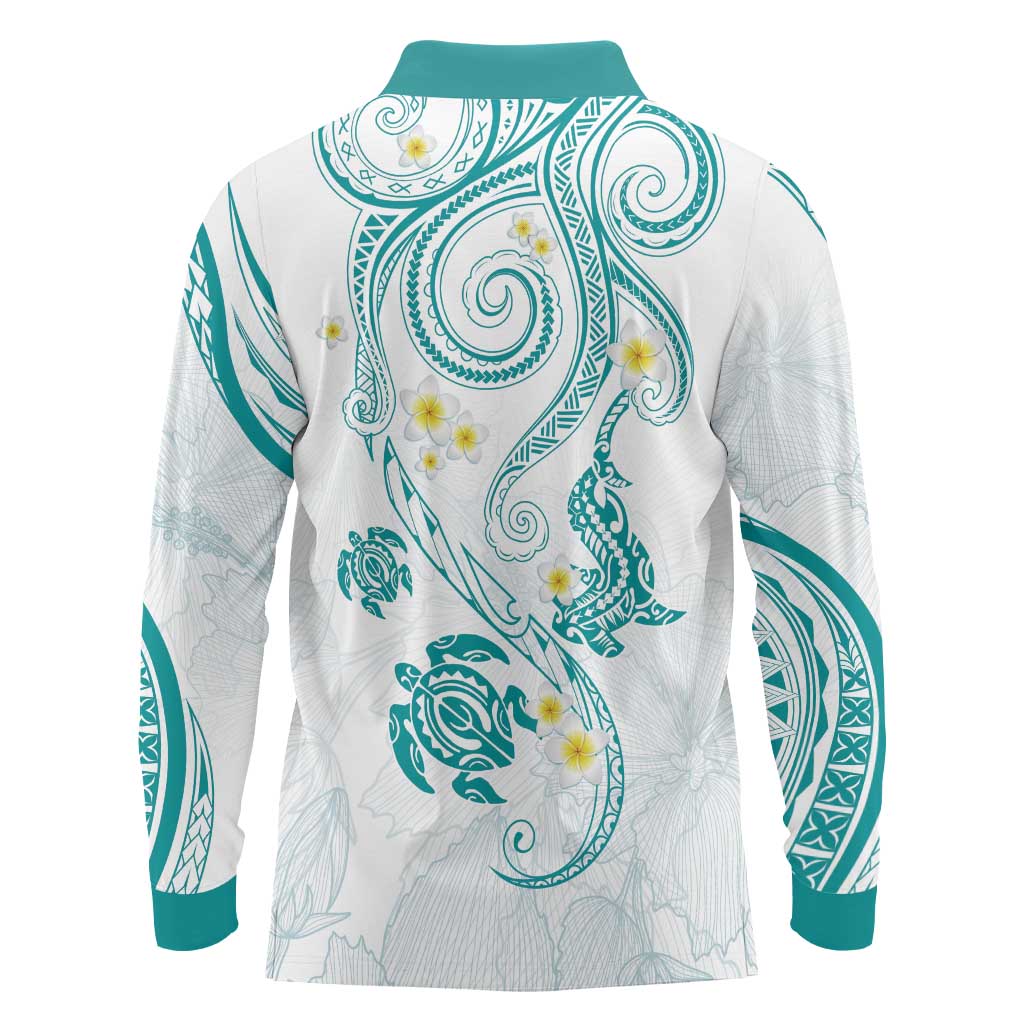 Polynesia Tribal Long Sleeve Polo Shirt Teal Plumeria Tentacles