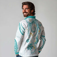 Polynesia Tribal Long Sleeve Polo Shirt Teal Plumeria Tentacles