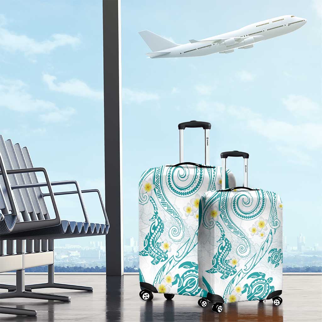 Polynesia Tribal Luggage Cover Teal Plumeria Tentacles