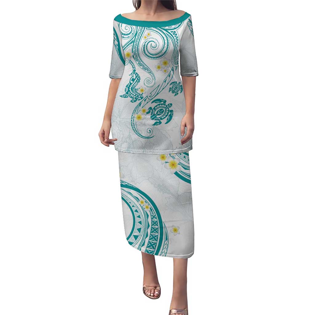 Polynesia Tribal Puletasi Teal Plumeria Tentacles LT7 Long Dress Teal - Polynesian Pride