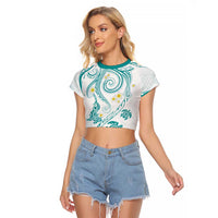 Polynesia Tribal Raglan Cropped T Shirt Teal Plumeria Tentacles LT7 Female Teal - Polynesian Pride