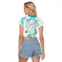 Polynesia Tribal Raglan Cropped T Shirt Teal Plumeria Tentacles LT7 - Polynesian Pride