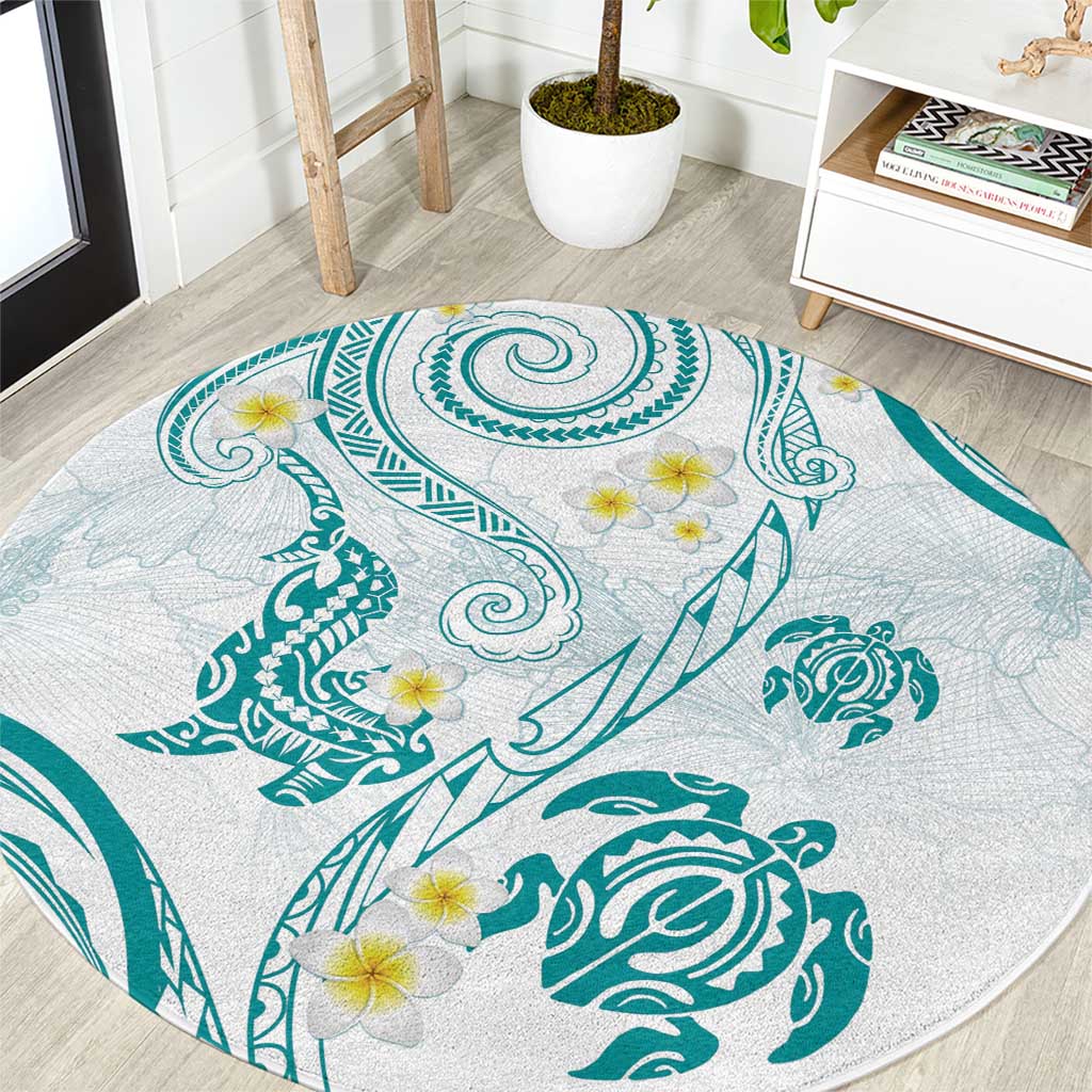 Polynesia Tribal Round Carpet Teal Plumeria Tentacles