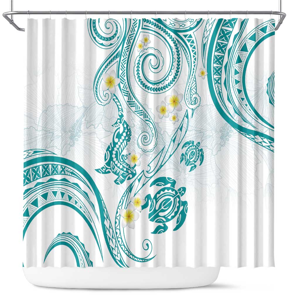 Polynesia Tribal Shower Curtain Teal Plumeria Tentacles