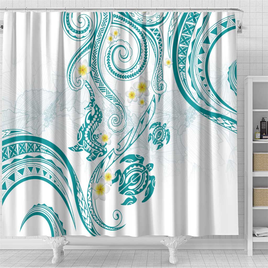 Polynesia Tribal Shower Curtain Teal Plumeria Tentacles