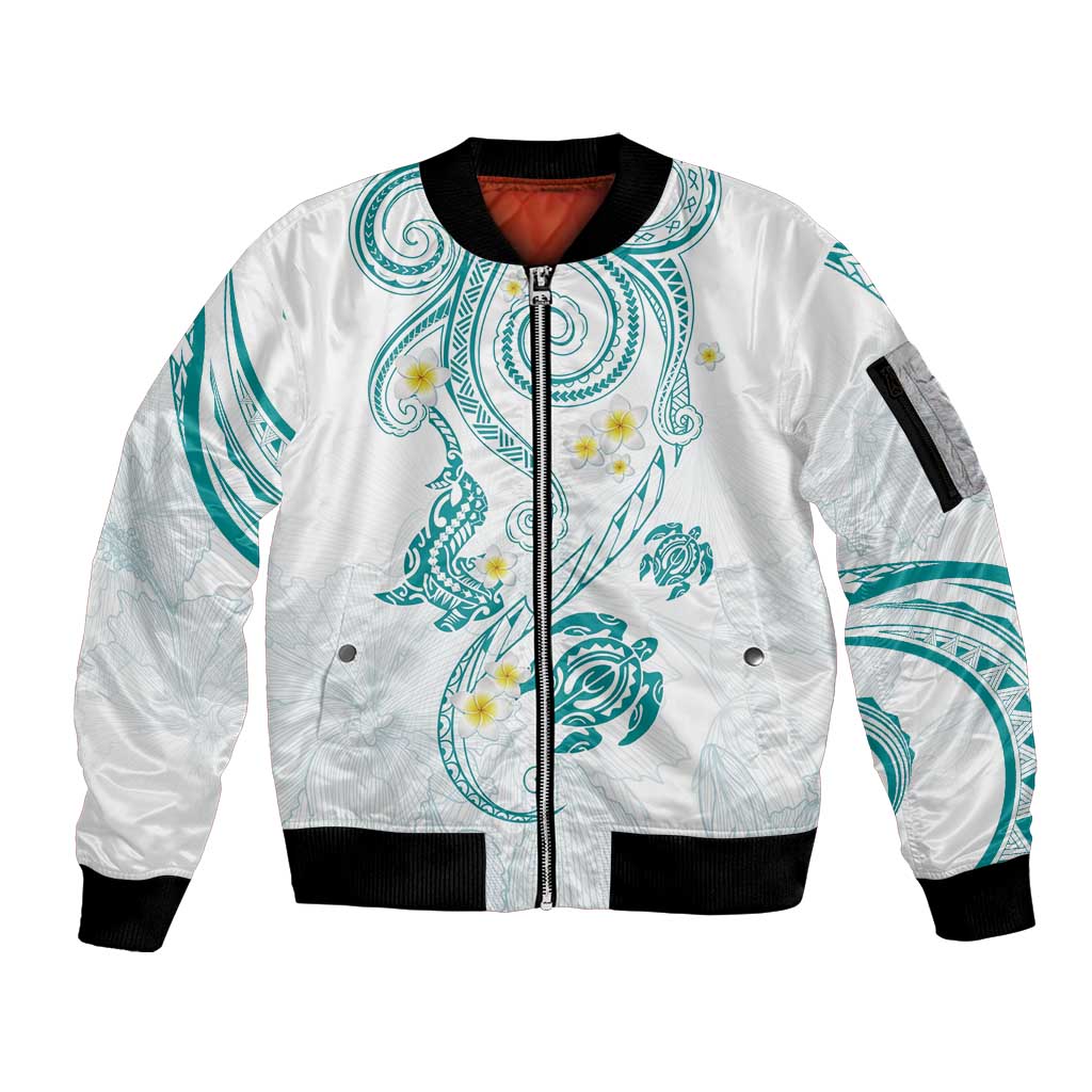 Polynesia Tribal Sleeve Zip Bomber Jacket Teal Plumeria Tentacles