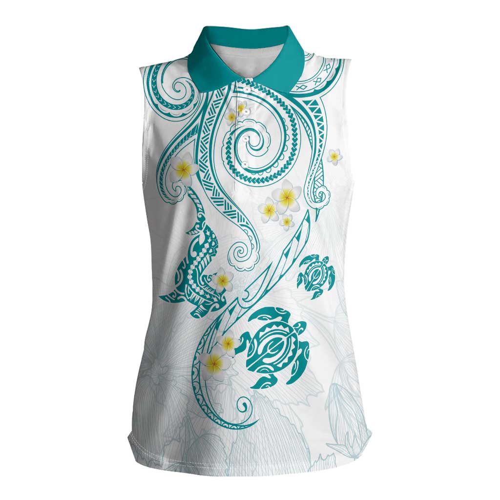 Polynesia Tribal Women Sleeveless Polo Shirt Teal Plumeria Tentacles