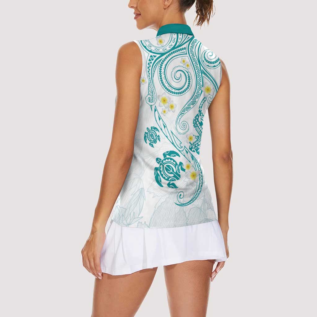 Polynesia Tribal Women Sleeveless Polo Shirt Teal Plumeria Tentacles