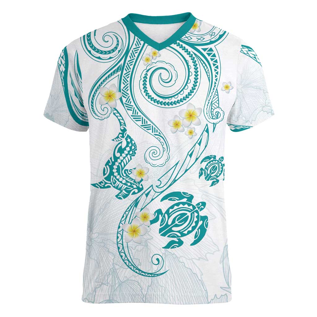 Polynesia Tribal Women V-Neck T-Shirt Teal Plumeria Tentacles LT7 Female Teal - Polynesian Pride
