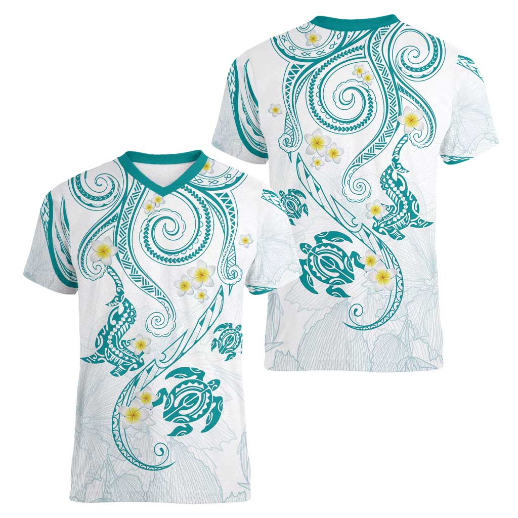 Polynesia Tribal Women V-Neck T-Shirt Teal Plumeria Tentacles LT7 - Polynesian Pride