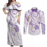 Polynesia Tribal Couples Matching Off Shoulder Maxi Dress and Long Sleeve Button Shirt Lilac Plumeria Tentacles LT7 Lilac - Polynesian Pride