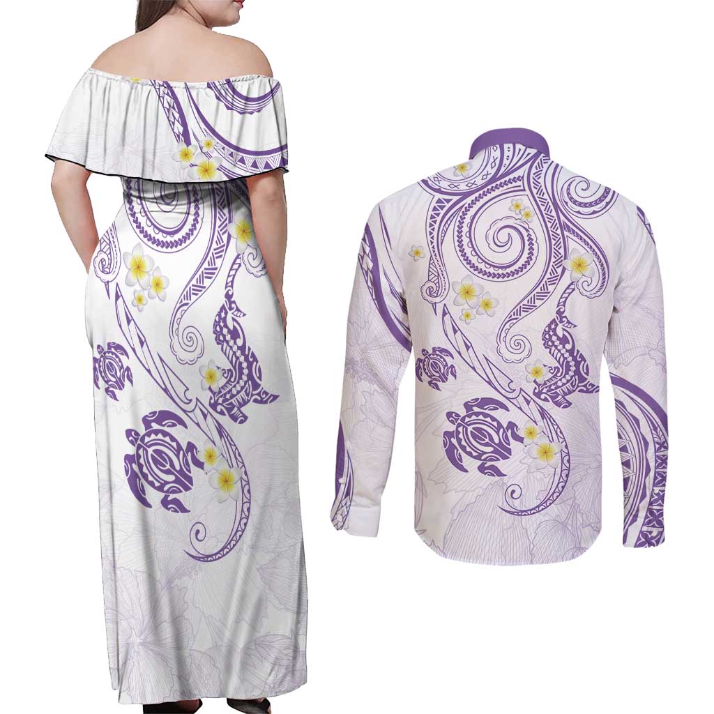 Polynesia Tribal Couples Matching Off Shoulder Maxi Dress and Long Sleeve Button Shirt Lilac Plumeria Tentacles LT7 - Polynesian Pride