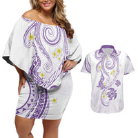 Polynesia Tribal Couples Matching Off Shoulder Short Dress and Hawaiian Shirt Lilac Plumeria Tentacles LT7 Lilac - Polynesian Pride