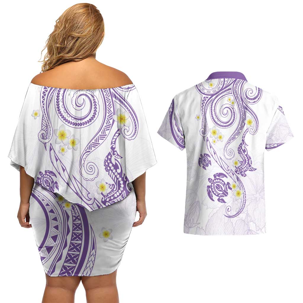 Polynesia Tribal Couples Matching Off Shoulder Short Dress and Hawaiian Shirt Lilac Plumeria Tentacles LT7 - Polynesian Pride