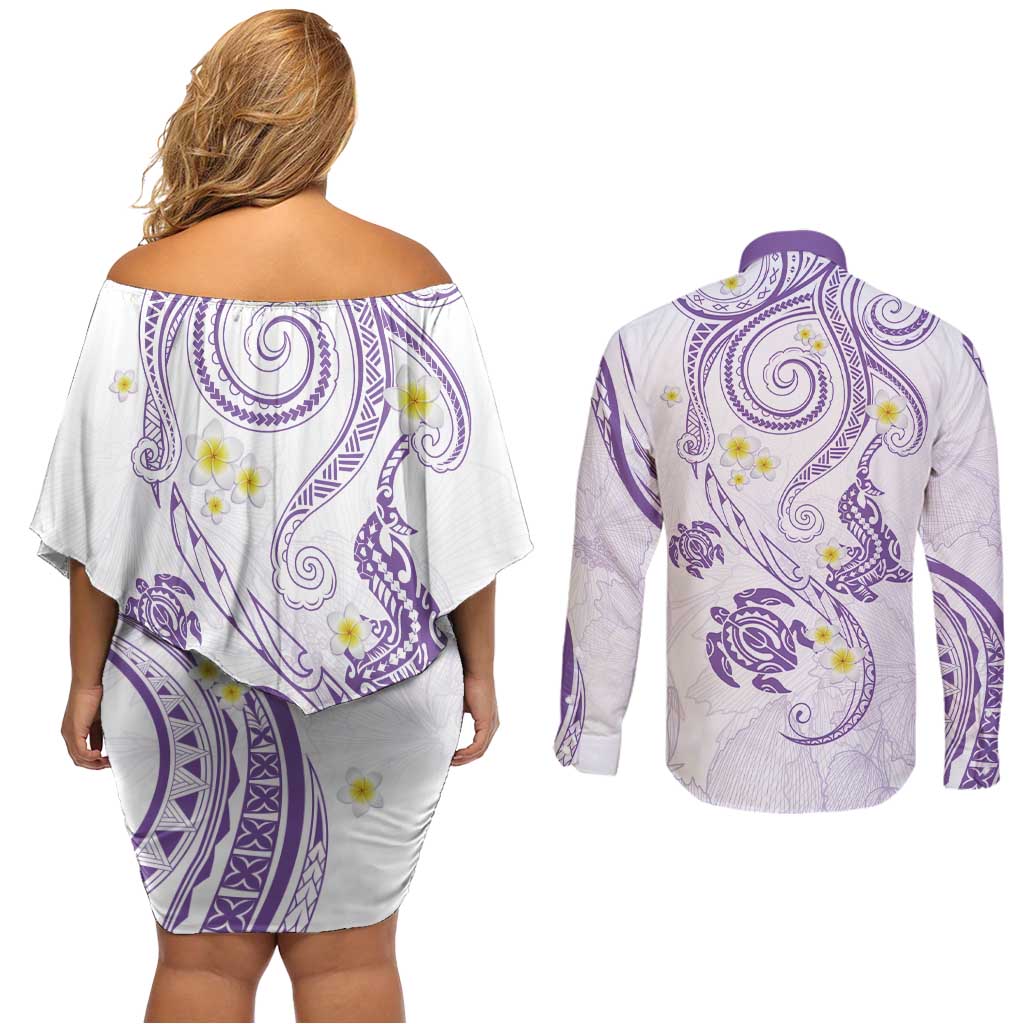 Polynesia Tribal Couples Matching Off Shoulder Short Dress and Long Sleeve Button Shirt Lilac Plumeria Tentacles LT7 - Polynesian Pride
