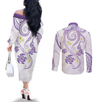 Polynesia Tribal Couples Matching Off The Shoulder Long Sleeve Dress and Long Sleeve Button Shirt Lilac Plumeria Tentacles LT7 - Polynesian Pride