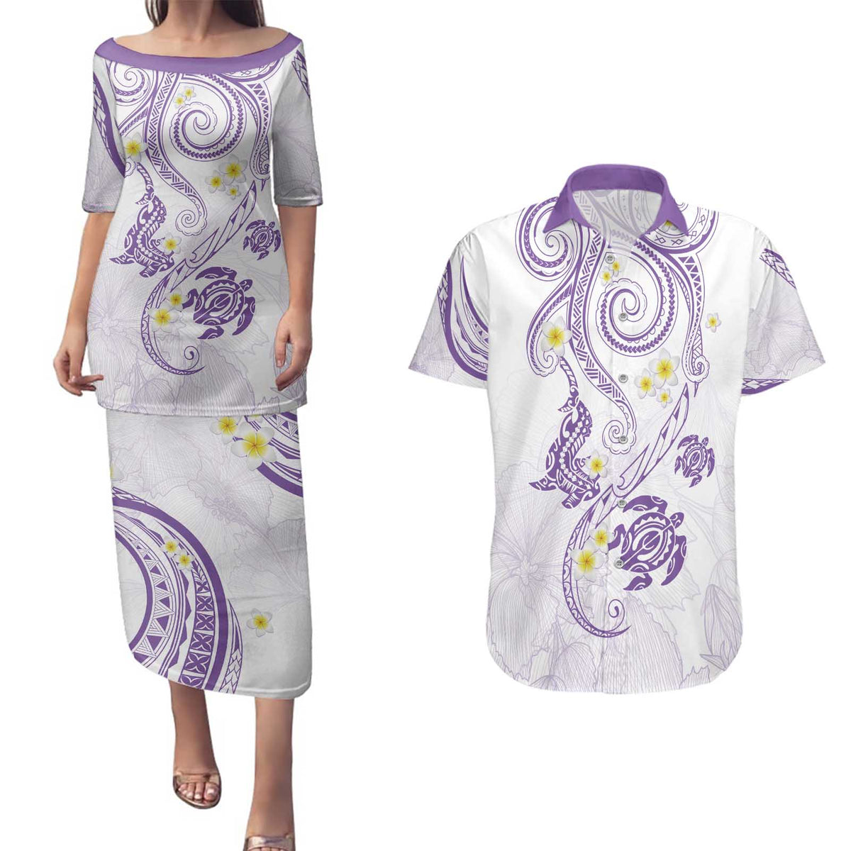 Polynesia Tribal Couples Matching Puletasi and Hawaiian Shirt Lilac Plumeria Tentacles LT7 Lilac - Polynesian Pride