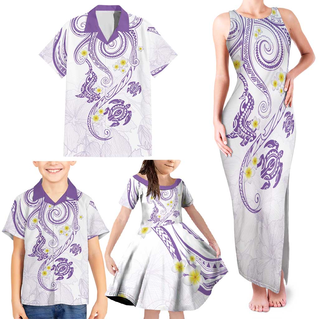 Polynesia Tribal Family Matching Tank Maxi Dress and Hawaiian Shirt Lilac Plumeria Tentacles