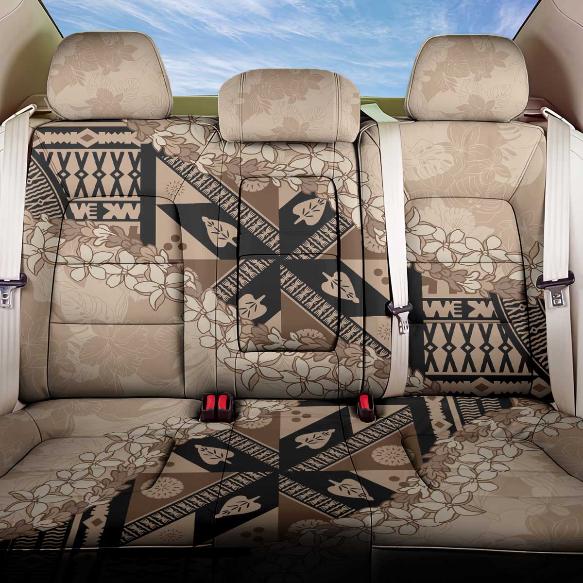 Bula Fiji Plumeria Tagimoucia Salusalu Beige Back Car Seat Cover Kaiviti Masi - Polynesian Pride