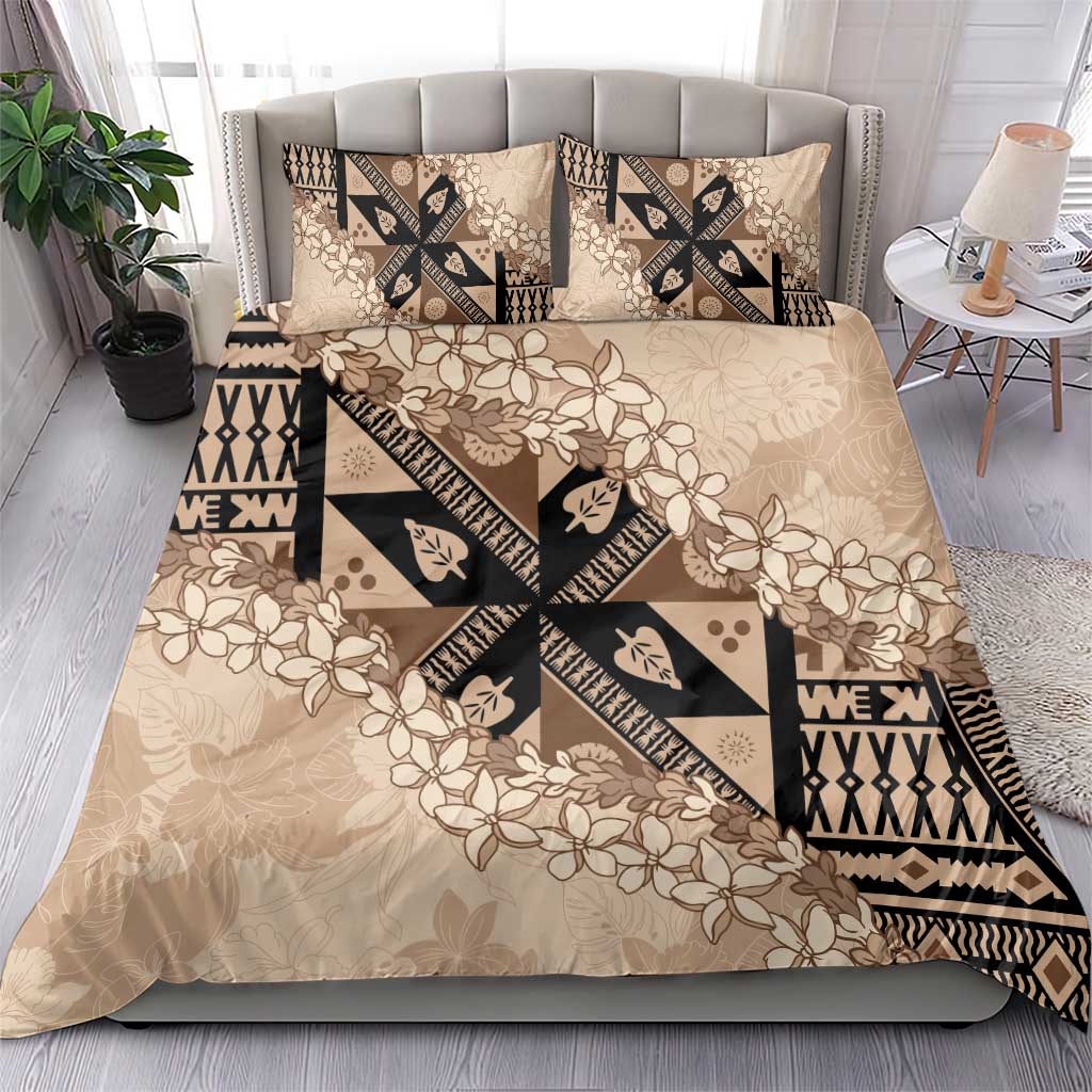 Bula Fiji Plumeria Tagimoucia Salusalu Beige Bedding Set Kaiviti Masi - Polynesian Pride