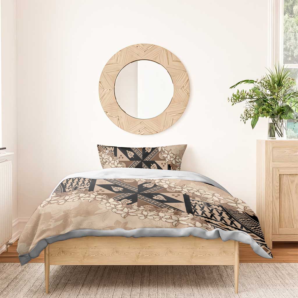 Bula Fiji Plumeria Tagimoucia Salusalu Beige Bedding Set Kaiviti Masi - Polynesian Pride