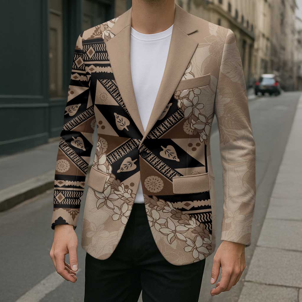 Bula Fiji Plumeria Tagimoucia Salusalu Beige Blazer Kaiviti Masi - Polynesian Pride