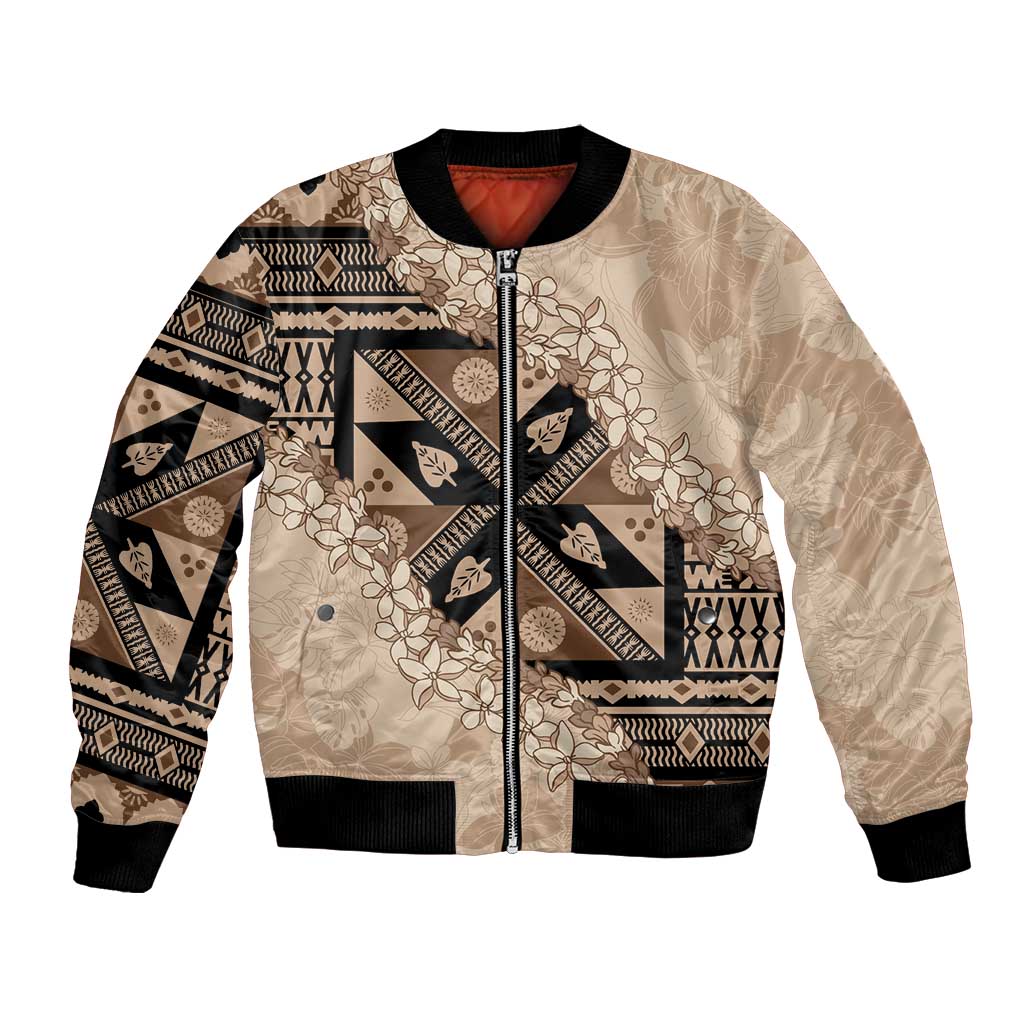 Bula Fiji Plumeria Tagimoucia Salusalu Beige Bomber Jacket Kaiviti Masi - Polynesian Pride