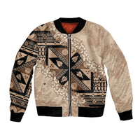 Bula Fiji Plumeria Tagimoucia Salusalu Beige Bomber Jacket Kaiviti Masi - Polynesian Pride