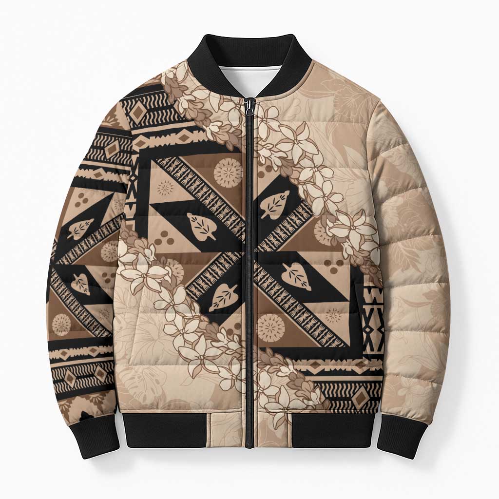 Bula Fiji Plumeria Tagimoucia Salusalu Beige Bomber Puffer Jacket Kaiviti Masi - Polynesian Pride