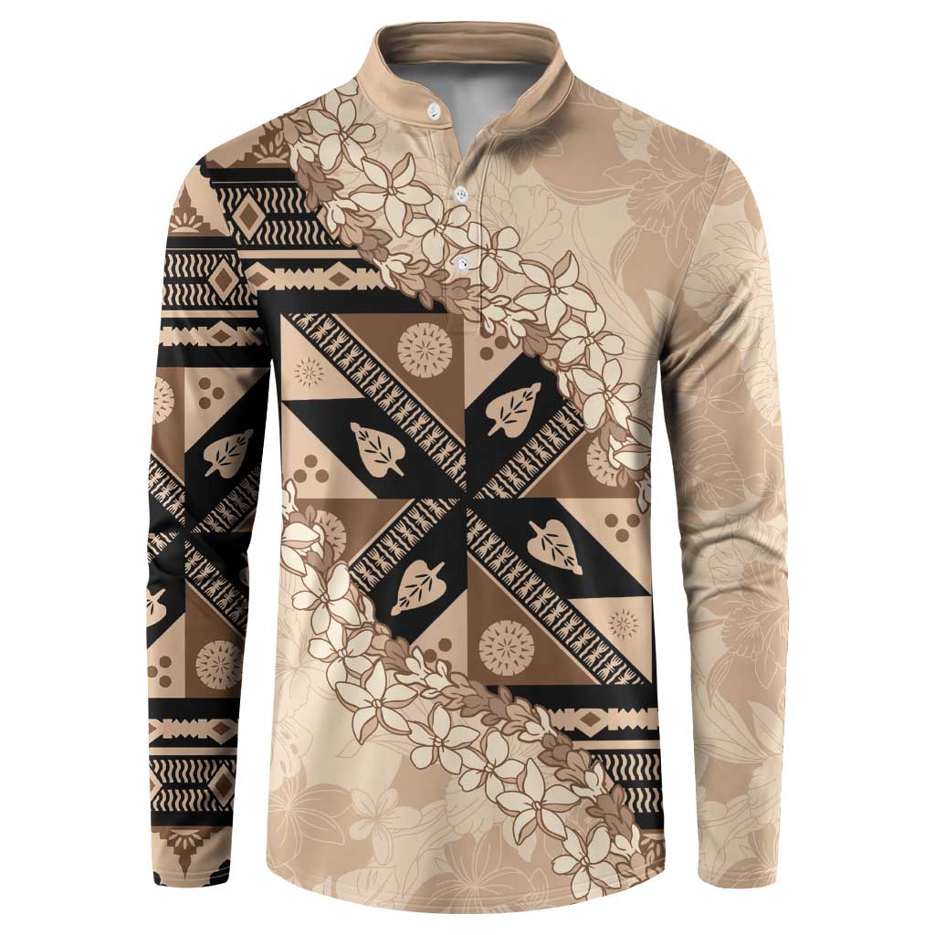 Bula Fiji Plumeria Tagimoucia Salusalu Beige Button Sweatshirt Kaiviti Masi - Polynesian Pride