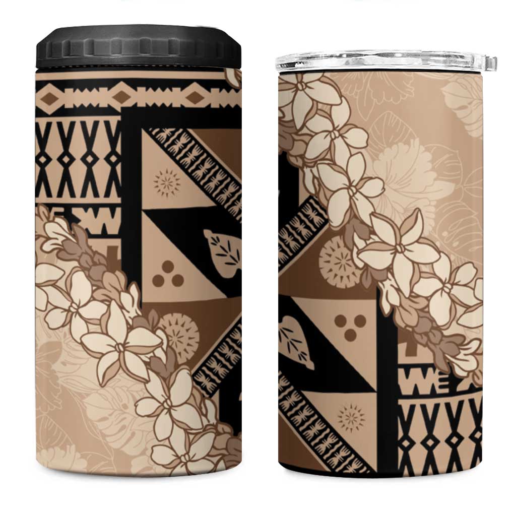 Bula Fiji Plumeria Tagimoucia Salusalu Beige 4 in 1 Can Cooler Tumbler Kaiviti Masi - Polynesian Pride