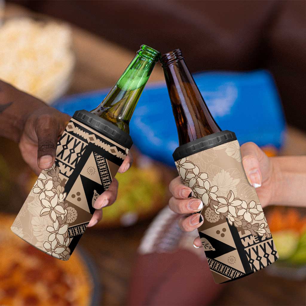 Bula Fiji Plumeria Tagimoucia Salusalu Beige 4 in 1 Can Cooler Tumbler Kaiviti Masi - Polynesian Pride