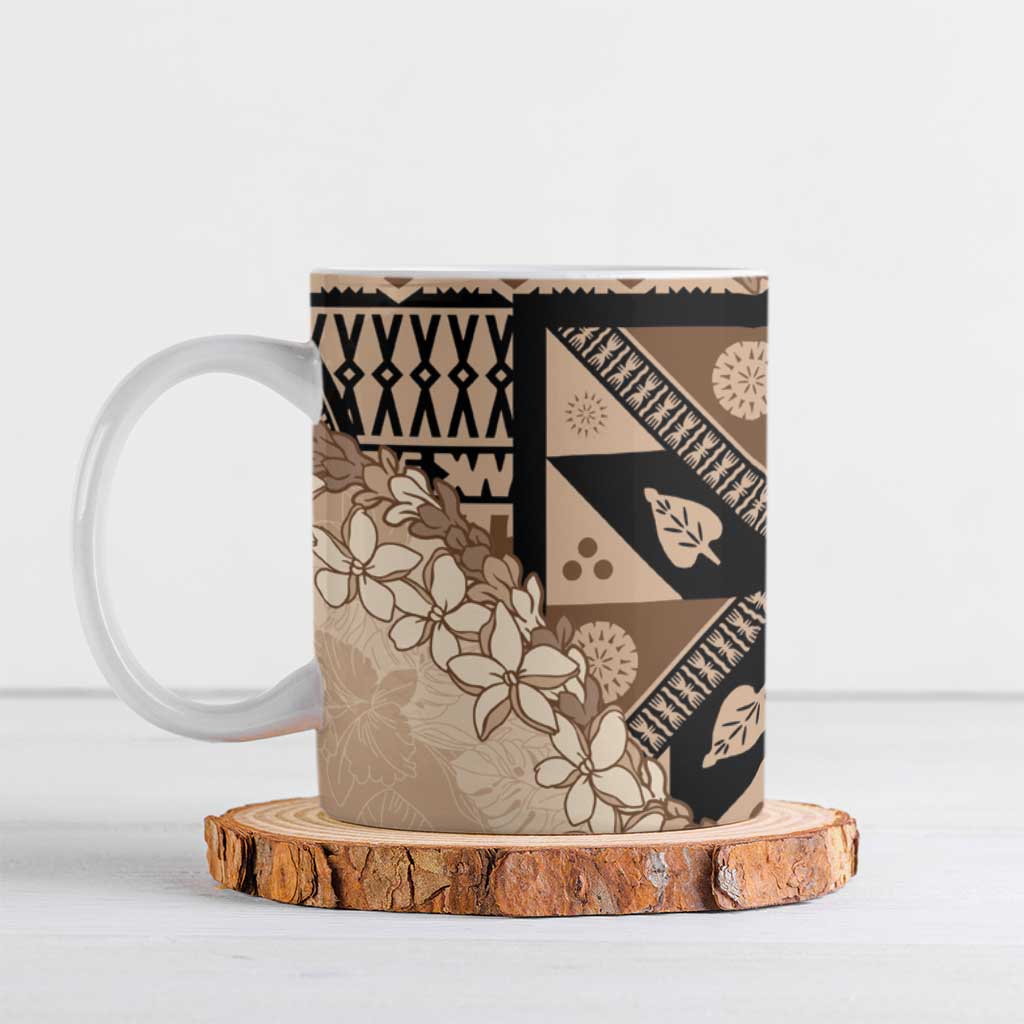 Bula Fiji Plumeria Tagimoucia Salusalu Beige Ceramic Mug Kaiviti Masi - Polynesian Pride