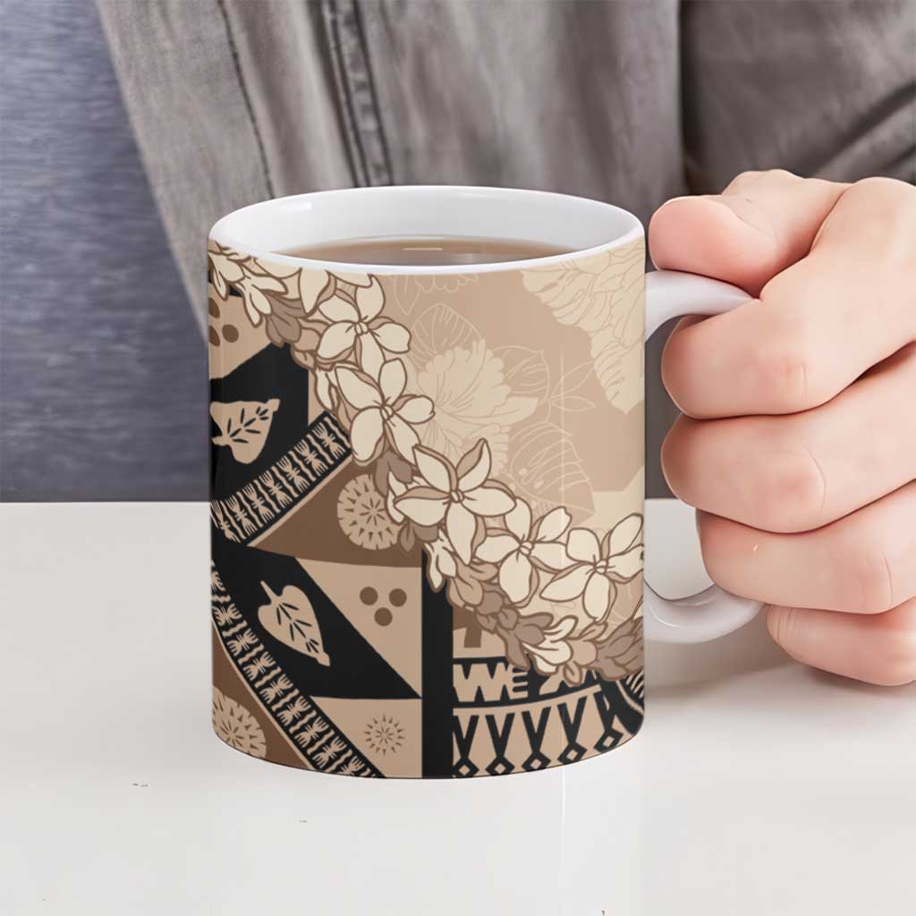 Bula Fiji Plumeria Tagimoucia Salusalu Beige Ceramic Mug Kaiviti Masi - Polynesian Pride