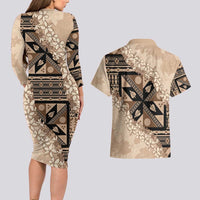 Bula Fiji Plumeria Tagimoucia Salusalu Beige Couples Matching Long Sleeve Bodycon Dress and Hawaiian Shirt Kaiviti Masi - Polynesian Pride