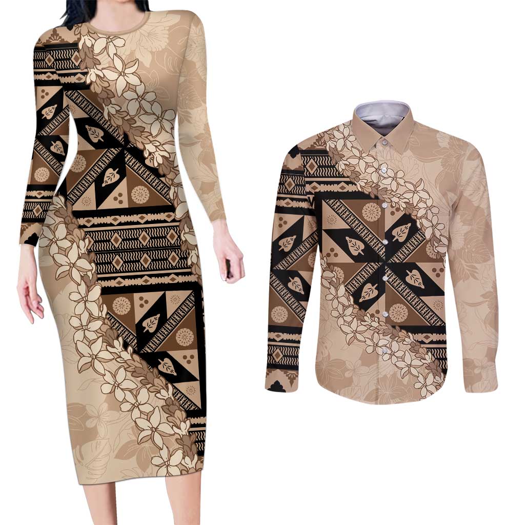 Bula Fiji Plumeria Tagimoucia Salusalu Beige Couples Matching Long Sleeve Bodycon Dress and Long Sleeve Button Shirt Kaiviti Masi - Polynesian Pride