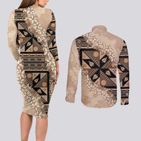 Bula Fiji Plumeria Tagimoucia Salusalu Beige Couples Matching Long Sleeve Bodycon Dress and Long Sleeve Button Shirt Kaiviti Masi - Polynesian Pride