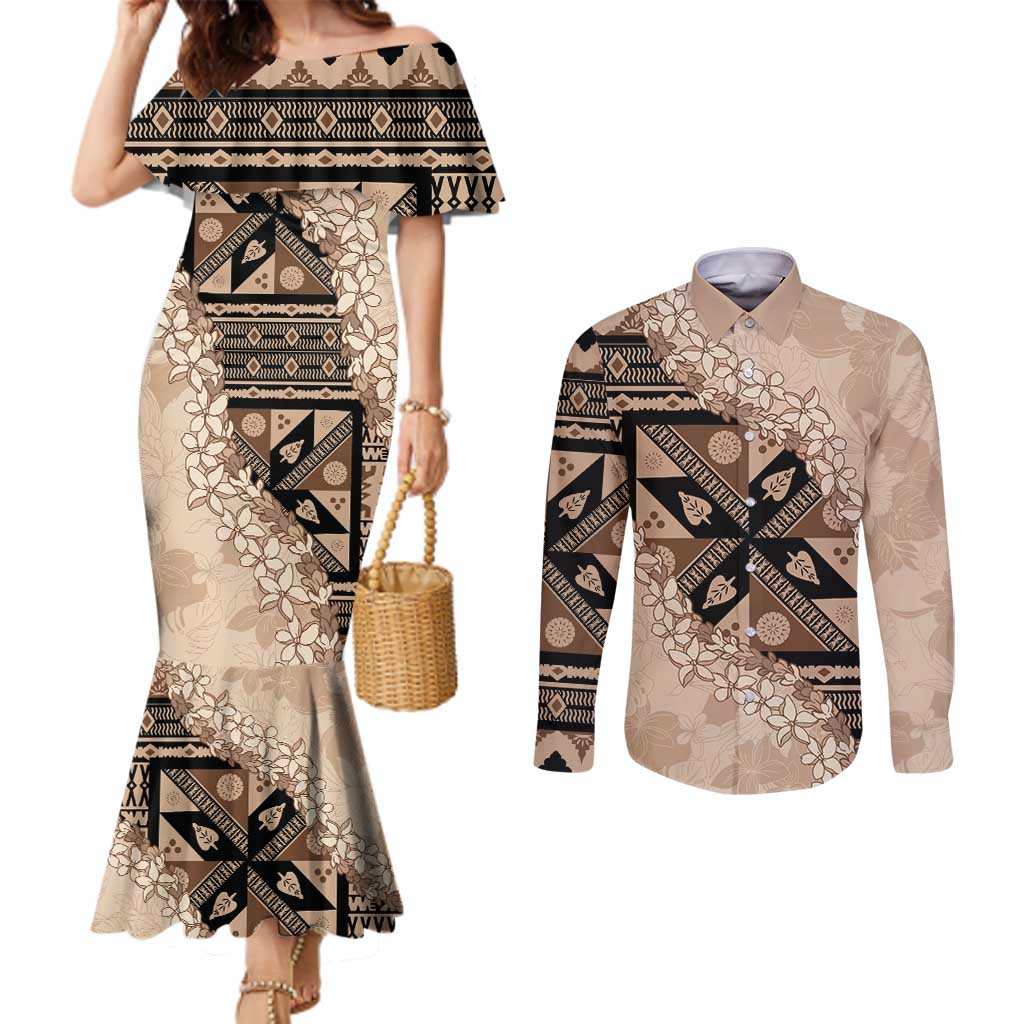 Bula Fiji Plumeria Tagimoucia Salusalu Beige Couples Matching Mermaid Dress and Long Sleeve Button Shirt Kaiviti Masi - Polynesian Pride