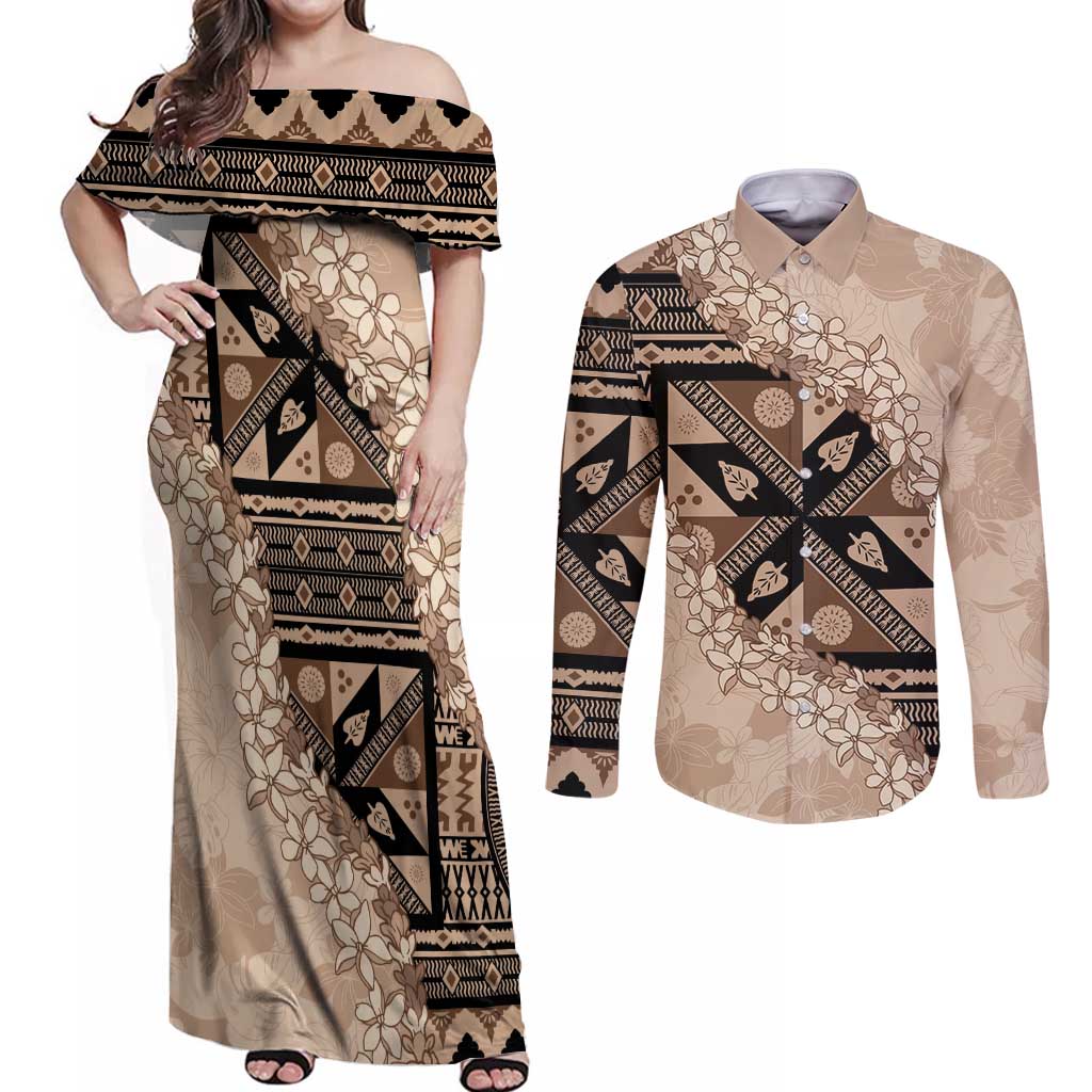 Bula Fiji Plumeria Tagimoucia Salusalu Beige Couples Matching Off Shoulder Maxi Dress and Long Sleeve Button Shirt Kaiviti Masi - Polynesian Pride