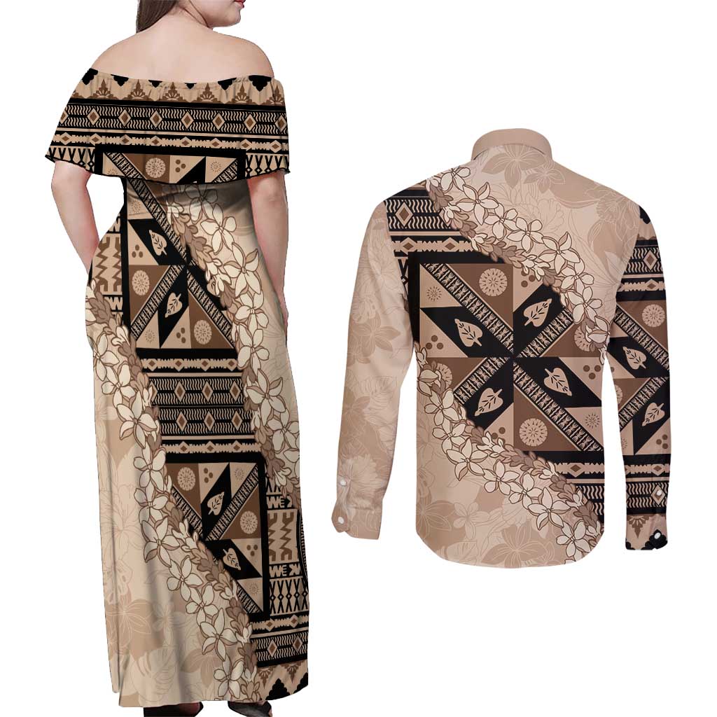 Bula Fiji Plumeria Tagimoucia Salusalu Beige Couples Matching Off Shoulder Maxi Dress and Long Sleeve Button Shirt Kaiviti Masi - Polynesian Pride
