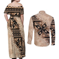 Bula Fiji Plumeria Tagimoucia Salusalu Beige Couples Matching Off Shoulder Maxi Dress and Long Sleeve Button Shirt Kaiviti Masi - Polynesian Pride