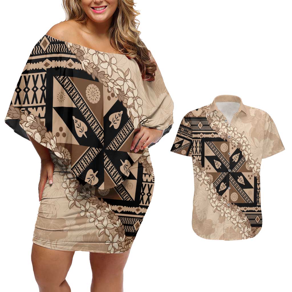 Bula Fiji Plumeria Tagimoucia Salusalu Beige Couples Matching Off Shoulder Short Dress and Hawaiian Shirt Kaiviti Masi - Polynesian Pride