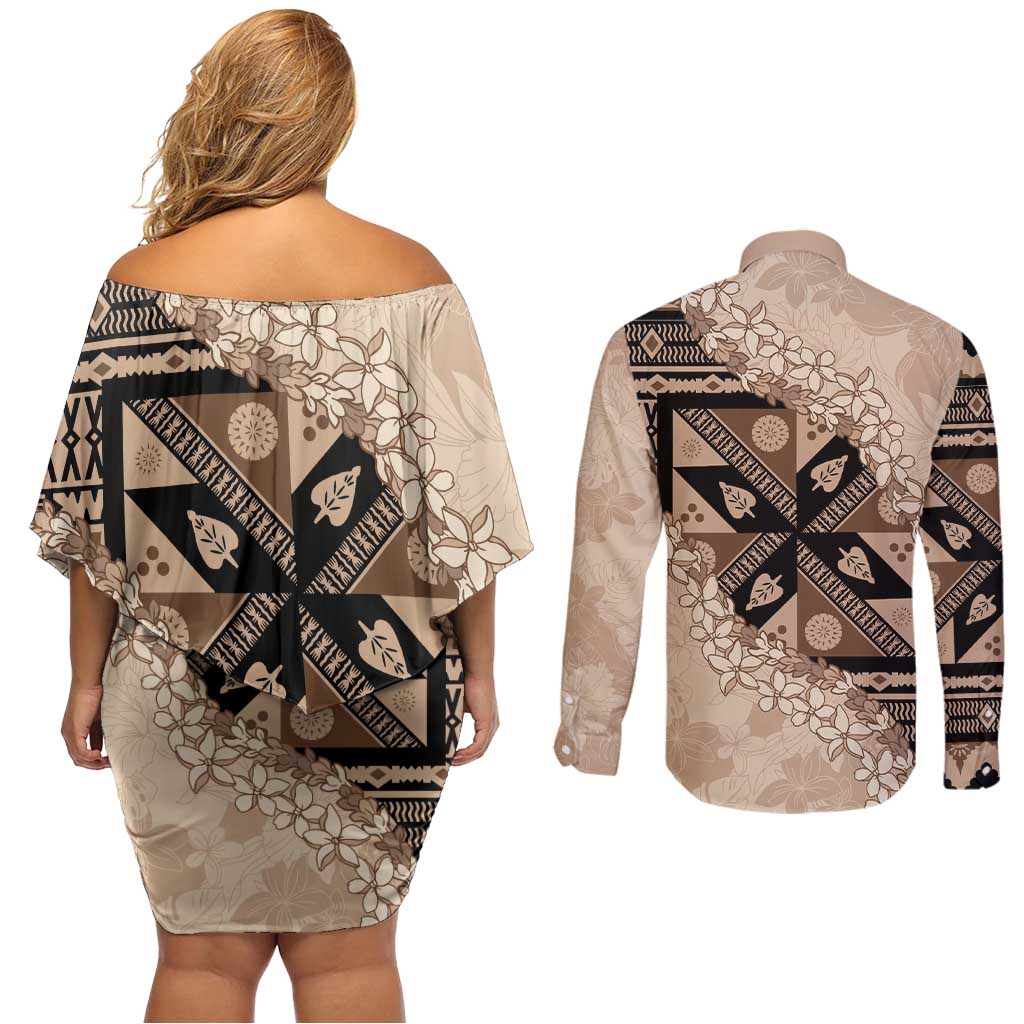 Bula Fiji Plumeria Tagimoucia Salusalu Beige Couples Matching Off Shoulder Short Dress and Long Sleeve Button Shirt Kaiviti Masi - Polynesian Pride