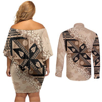 Bula Fiji Plumeria Tagimoucia Salusalu Beige Couples Matching Off Shoulder Short Dress and Long Sleeve Button Shirt Kaiviti Masi - Polynesian Pride