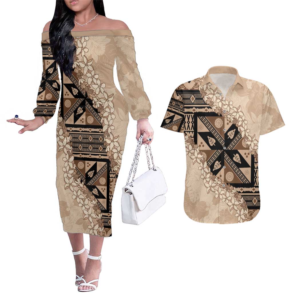 Bula Fiji Plumeria Tagimoucia Salusalu Beige Couples Matching Off The Shoulder Long Sleeve Dress and Hawaiian Shirt Kaiviti Masi - Polynesian Pride