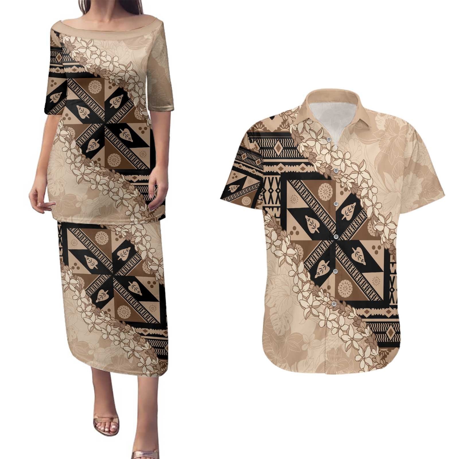 Bula Fiji Plumeria Tagimoucia Salusalu Beige Couples Matching Puletasi and Hawaiian Shirt Kaiviti Masi - Polynesian Pride