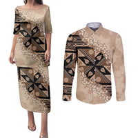 Bula Fiji Plumeria Tagimoucia Salusalu Beige Couples Matching Puletasi and Long Sleeve Button Shirt Kaiviti Masi - Polynesian Pride