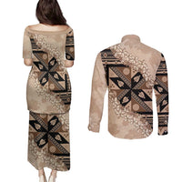 Bula Fiji Plumeria Tagimoucia Salusalu Beige Couples Matching Puletasi and Long Sleeve Button Shirt Kaiviti Masi - Polynesian Pride